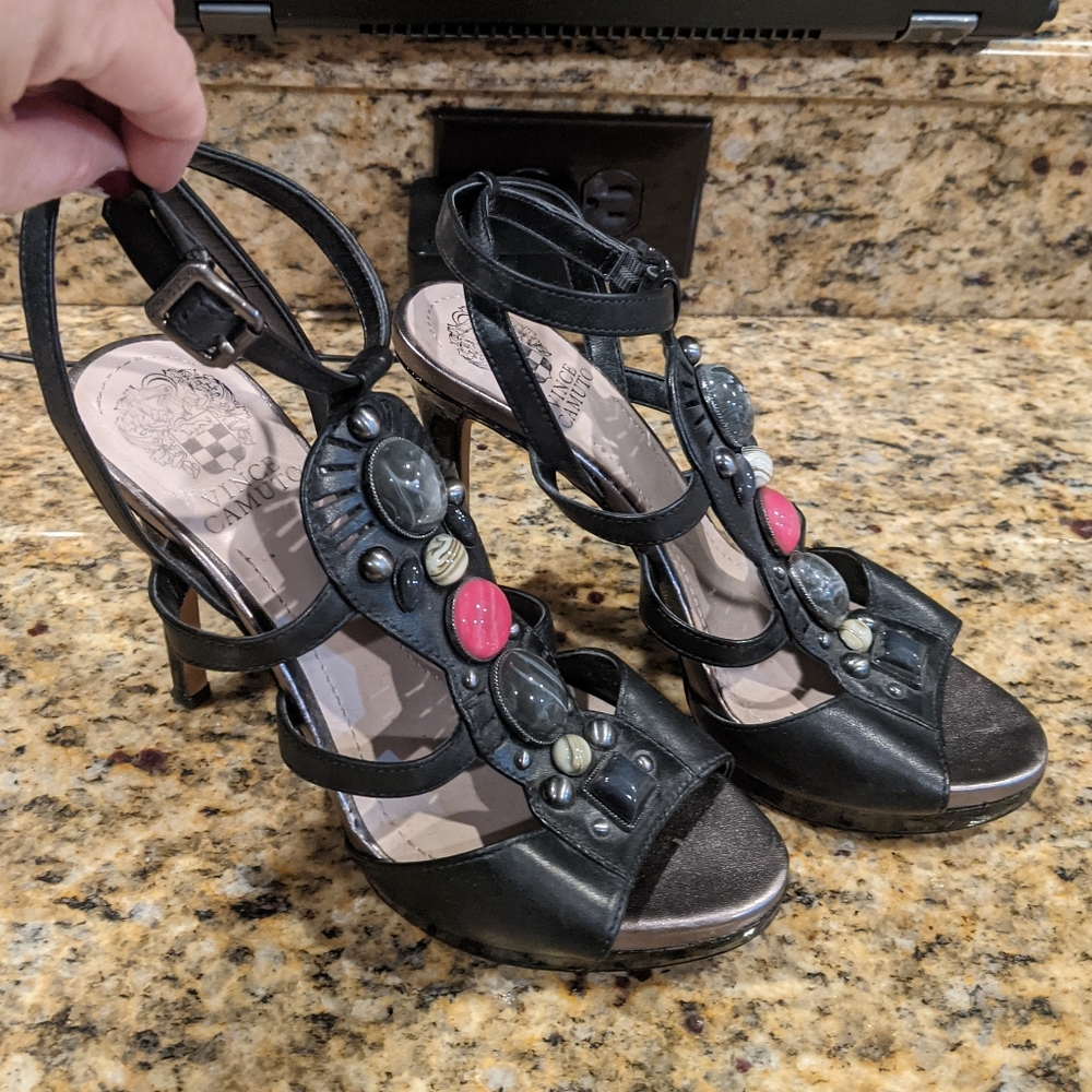 Vince Camuto strappy black and pink heels